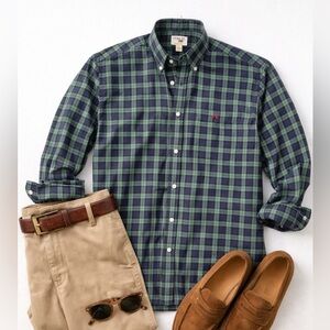 Perlis Men's Cotton Plaid Button-Down Shirt XL Green Navy Embroidered Crawfish